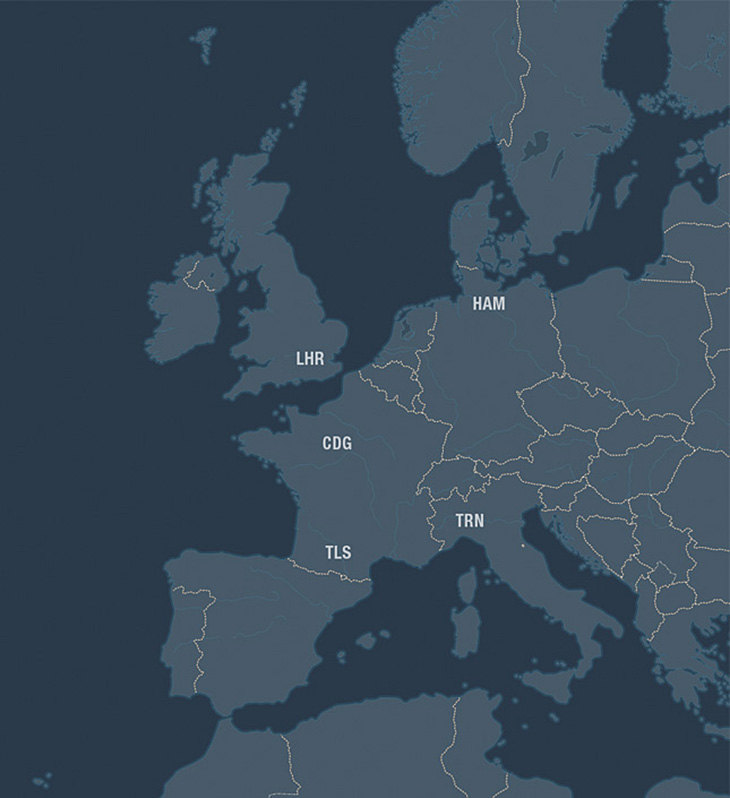 Europa-Karte mit Markierung der Standorte von MWA in Hamburg, London, Paris, Toulouse und Turin