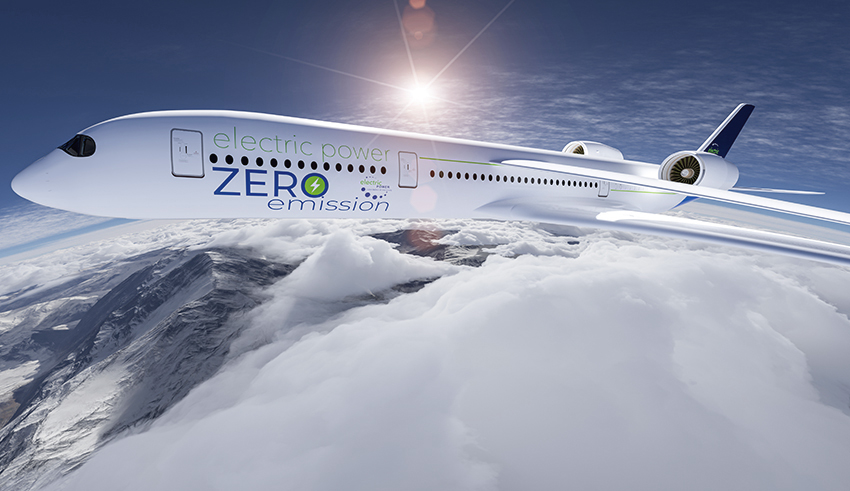 Elektrisch angetriebenes Verkehrsflugzeug Flugzeug fliegt in den blauen Himmel - zukünftiges Elektroenergie-Luftfahrtkonzept. 3d-Rendering